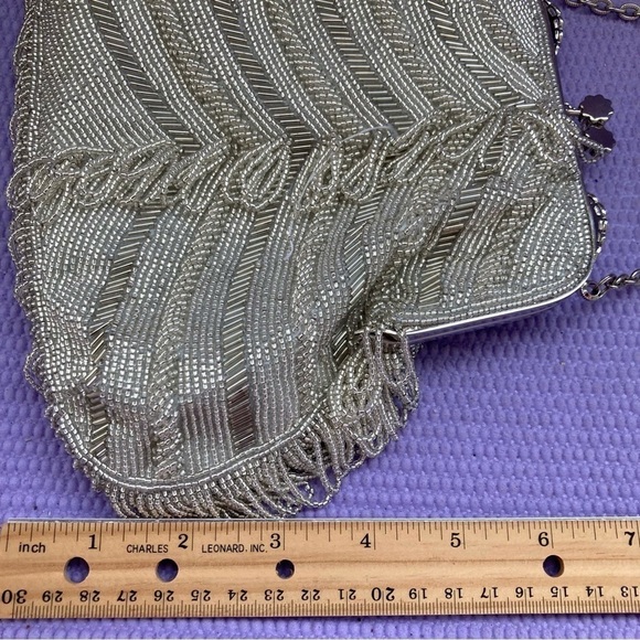 INGE CHRISTOPHER Beaded & Rhinestone Silver Metallic Convertible Clutch   8”x 7” - Picture 9 of 15